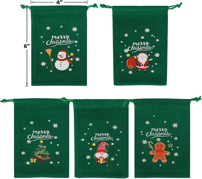 Tapleap Coth Christmas Bags with Drawstring - 50Pcs 4x6 Green Velvet for Wrapping Christmas Party Favors or Gifts for Friends, Small Bussiness, Palm Crosses