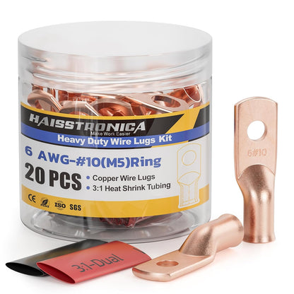haisstronica 10pcs 6 AWG - #10 Battery Cable Lugs, Heavy Duty Copper Wire Lugs with 10pcs 3:1 Adhesive Heat Shrink Tubing, 6 Gauge Wire Connectors Battery Terminal Connectors, Battery Cable Ends