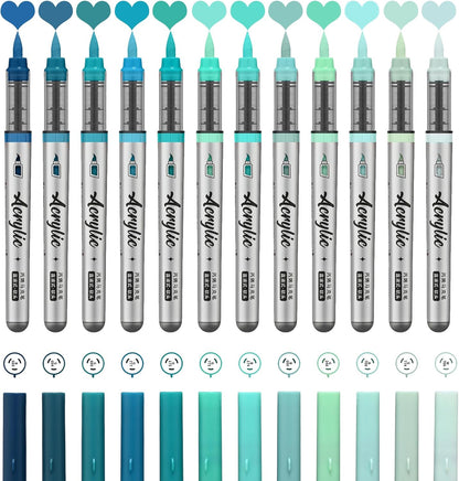 Mint Green Acrylic Paint Pens,12 Color Paint Pens Markers,Brush Tip Paint Pens for Rock Painting Wood Glass Ceramic Canvas Stone DIY Crafts Making Art Supplies