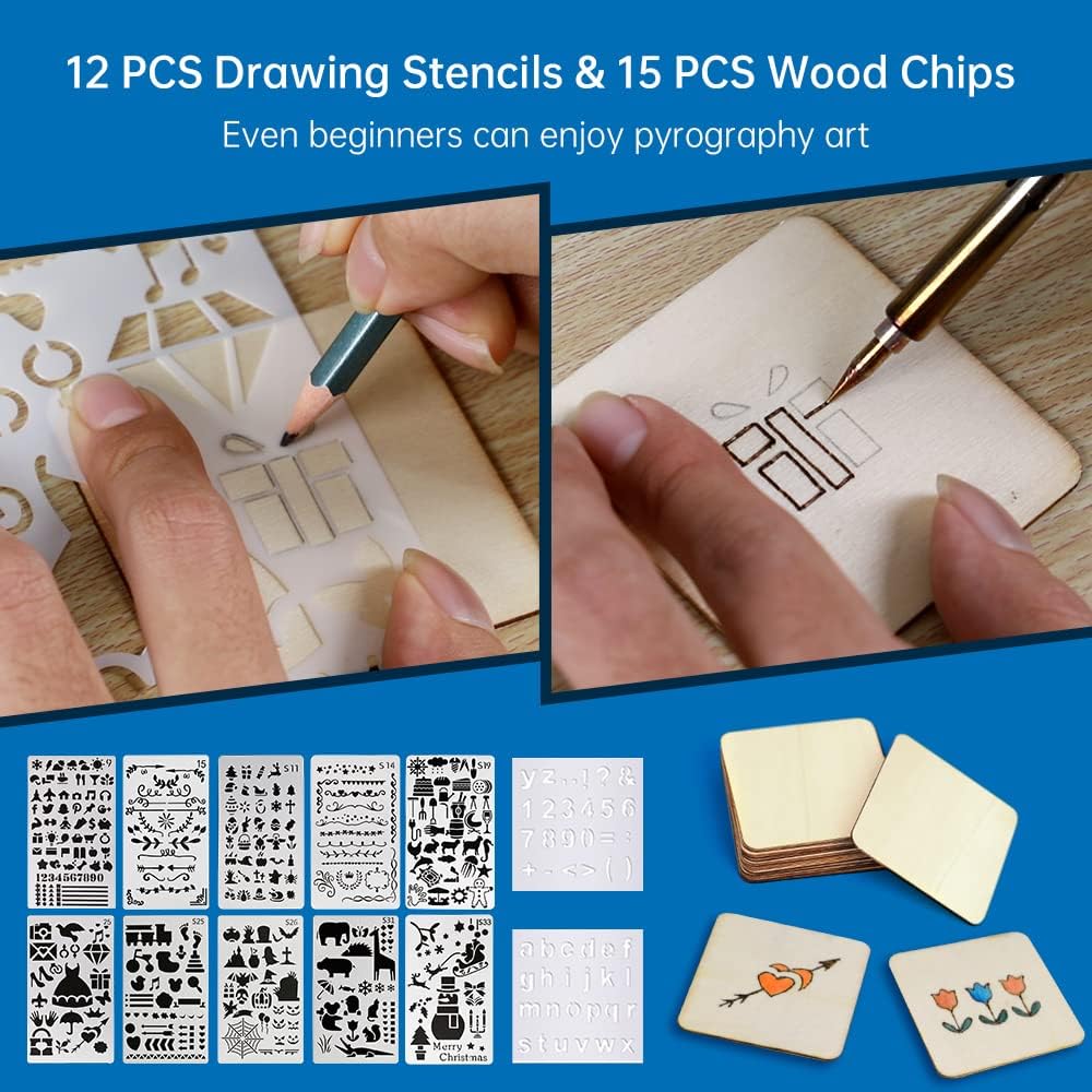 Goodcrafter Pyrography Pen 2-IN-1 Wood Burning Kit 101-IN-1,200~480°C (withTemp Display)/Wire-Nib 250~750°C Temp adjustable with 20 Nibs,53 Solid Points,12 Stencils and 15 Wood Chip(Mother's Day gift） - Crafty Corner