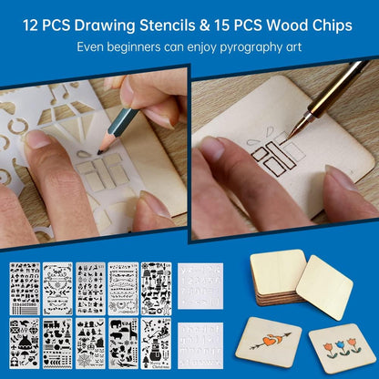 Goodcrafter Pyrography Pen 2-IN-1 Wood Burning Kit 101-IN-1,200~480°C (withTemp Display)/Wire-Nib 250~750°C Temp adjustable with 20 Nibs,53 Solid Points,12 Stencils and 15 Wood Chip(Mother's Day gift） - Crafty Corner