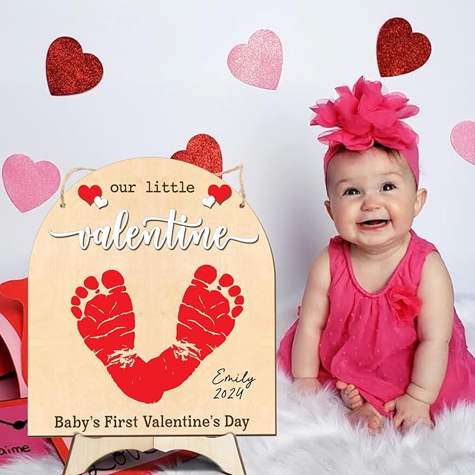 DIY Baby's First Valentine's Day Footprint Signs, Baby First Valentine's Day Gifts for Babies, Toddle Valentine Crafts, Memory Keepsake Baby Milestone Announcement Props (Our Little Valentine)