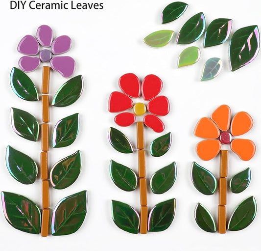 Mosaic Tiles for Crafts Bulk - Mini Ceramic Oak Leaves Pieces for DIY Kits & Adults DIY Mosaic Making Hobbies Decoration Stepping Stone and etc. (Green Iridescent Ceramic Rhomboid Leaf)