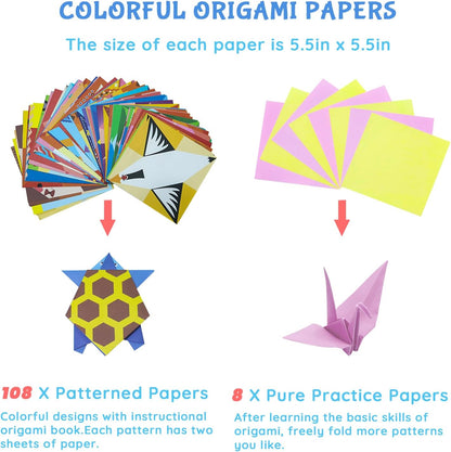 Origami Kit for Kids Ages 5-16, 108 Sheets with 54 Patterns & Instruction Book | Origami Paper Kit for Beginners & Advanced | Arts & Crafts Toys for Girls & Boys Ages 8-12 | Birthday & Christmas Gifts - Crafty Corner