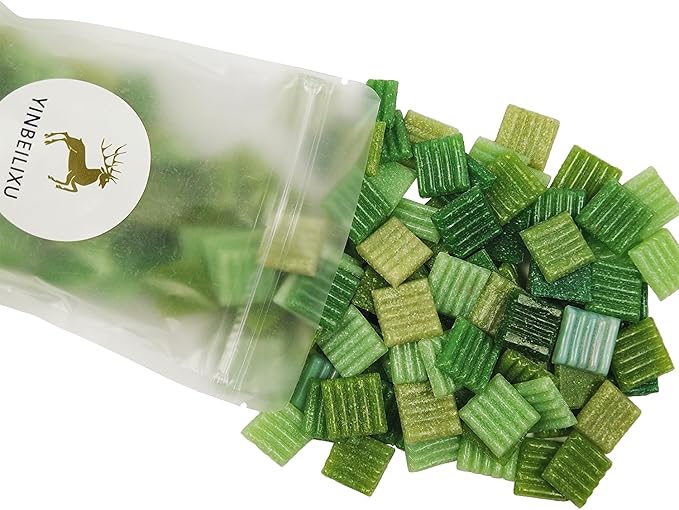 Mosaic Tiles, Bulk Glass Mosaic Pieces, 2x2cm Wavy Square Tiles, Mosaic Kits for Adults, Glass Mosaic Tiles forCrafts DIY Art, Frames, Vases Filler, Home Decor, 410g/14.5oz (Green)