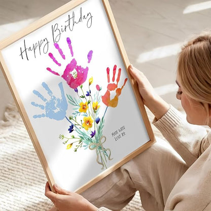 Physkoa Handprint Birthday Art Kit for Mom & Grandma – DIY Floral Keepsake Craft with Frame – Happy Birthday Gift from Kids, Daughter, Son – Handprint Painting Activity (Art Deco-B)