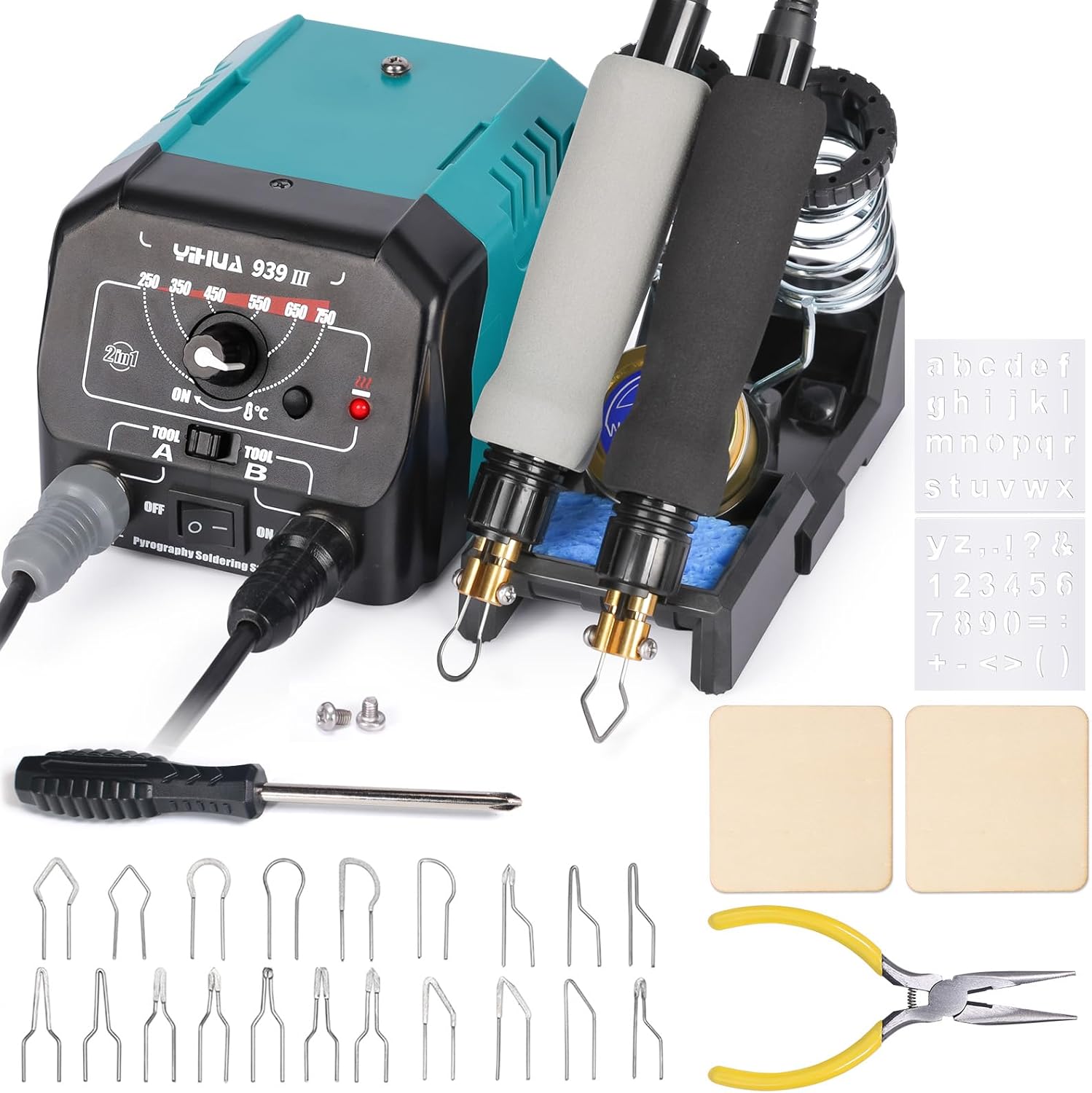 YIHUA 939 III Dual Pen Pyrography Station 2-in-1 Wood-Burning Tool with Two Wood-Burning pens 250-750°C Temperature Adjustable 20 Detailer nibs and 7 Essential Accessories and Tools Included - Crafty Corner
