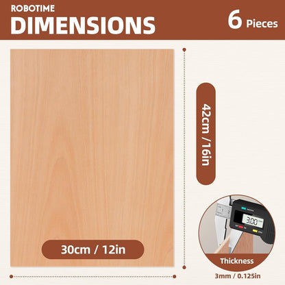 ROBOTIME 6-Pack Laser Wood Sheets 1/8" - 12 x 16 x 1/8 Inch - Cheery - 3mm Plywood for Laser Cutting, Laser Engraving Blanks