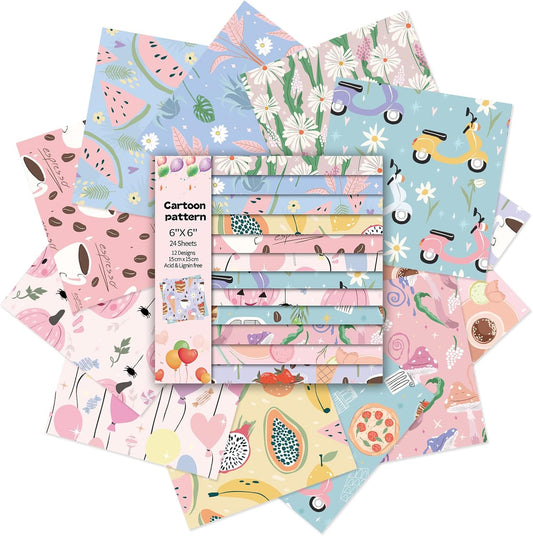 24 Sheets 12 Designs Scrapbook Paper Pad,6"×6” Single-Sided Decopodge Craft Cardstock Paper,Christmas Scrapbooking DIY Decorative Background Cardmaking Supplies.Cartoon - Crafty Corner
