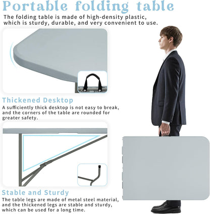Set of 2 Folding Table 6 FT Lightweight Camping Table Portable Plastic Rectangular Outdoor Dining Table Steel Legs Fold-in-Half with Carrying Handle for Indoor,Picnic,Party,Wedding,Events(Grey)
