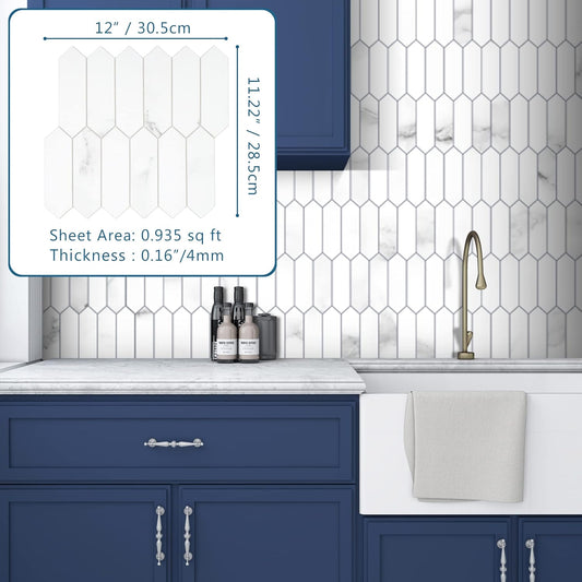 SUNWINGS Backsplash Tile for Kitchen Peel and Stick, Stone Composite Self Adhesive Tiles Faux Marble Pattern Long Hexagon Mosaic Wall Tile for Kitchen, 12 Inch x 11.22 Inch 10 Sheets White Marble