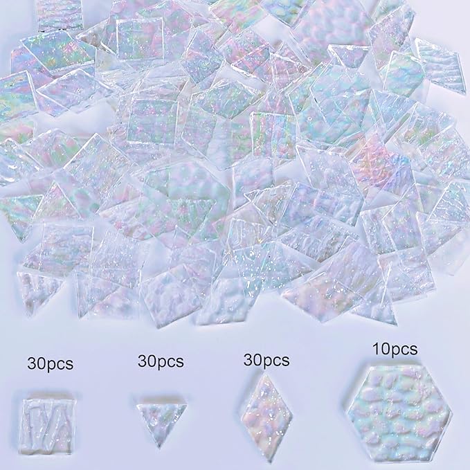 100 pcs Iridescent Glass Mosaic Tiles - 1 Inch Edge Length Mixed Shapes (Triangle, Diamond, Square, Hexagon) for DIY Crafts, Home Decor | Bulk Precut White Clear Pieces for Mosaic Art Kits