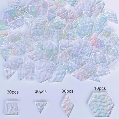 100 pcs Iridescent Glass Mosaic Tiles - 1 Inch Edge Length Mixed Shapes (Triangle, Diamond, Square, Hexagon) for DIY Crafts, Home Decor | Bulk Precut White Clear Pieces for Mosaic Art Kits