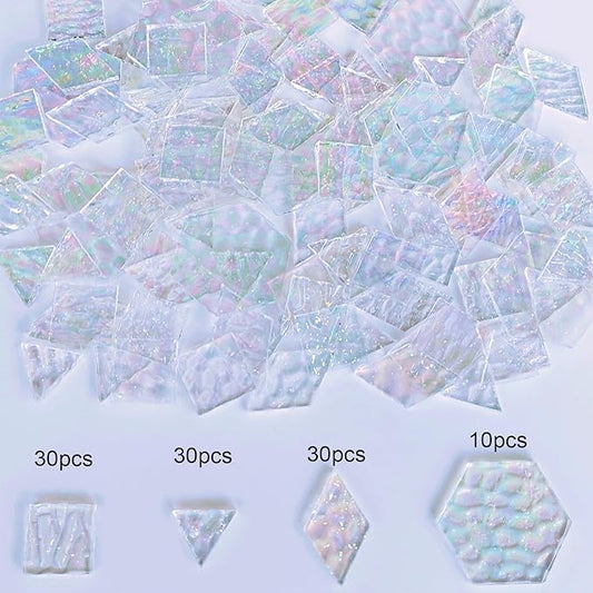 100 pcs Iridescent Glass Mosaic Tiles - 1 Inch Edge Length Mixed Shapes (Triangle, Diamond, Square, Hexagon) for DIY Crafts, Home Decor | Bulk Precut White Clear Pieces for Mosaic Art Kits