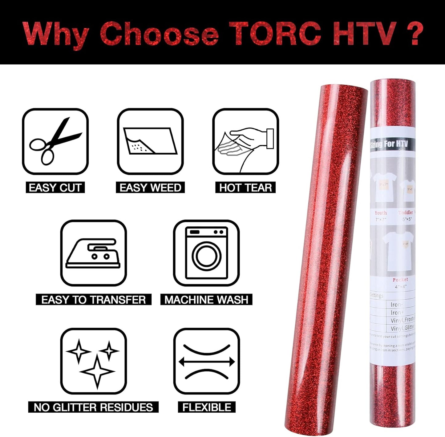 TORC Red Christmas Glitter HTV Heat Transfer Vinyl Roll 12 inch x 10 ft Iron on Vinyl for T Shirts Crafts