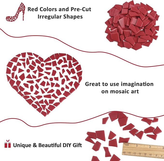 Youway Style Red Mosaic Tiles for Crafts Bulk,200g Broken Glass Tiles for DIY Holiday Mosaic Art Decor,Garden Mosaic Supplies Pieces