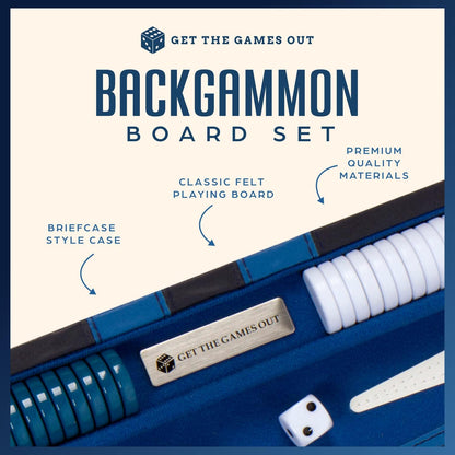 Get The Games Out Top Backgammon Set - Classic Board Game Case - Best Strategy & Tip Guide - Available in Small, Medium and Large Sizes (Blue, Large)