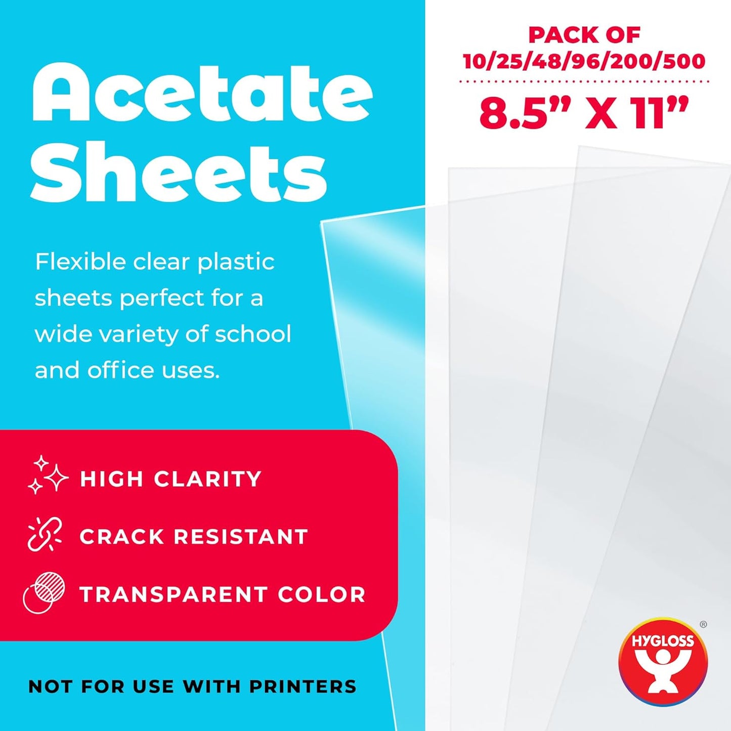 Hygloss 8.5" x 11" Acetate Paper - 7 Mil Clear Acetate Sheets for Crafts Projects, Classroom Stencil Sheets, Overhead Transparency Sheets for Projector, Clear Plastic Sheet (Not for Printers) 96 Pack