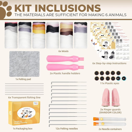 MOREJMTT Needle Felting Kit, 6 PCS Animal Needle Felting Beginner Kits, Wool Felt Needle Felting Tools Foam Pad, Craft Party Supplies for Beginners Adult(Cat Family)