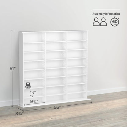 Prepac 3 Column 51" Tall White Display Multimedia Cabinet, Wood Media Storage with Removable Sheves, Modern Multimedia Storage Unit with 21 Adjustable Shelves for Books, DVDs and Collectibles, White