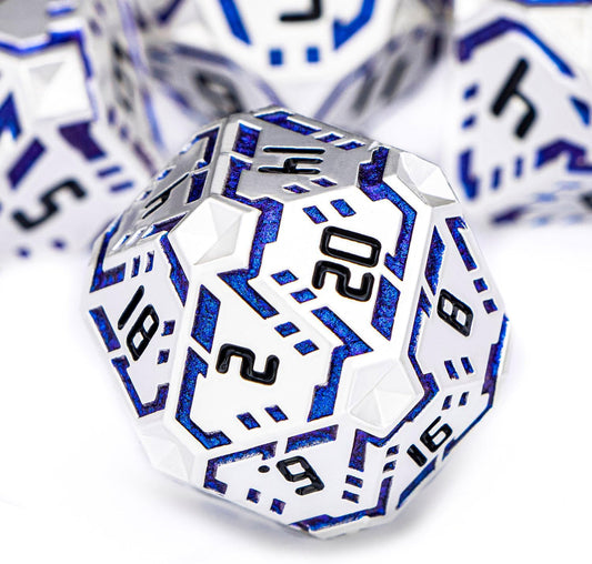 Metal DND Sci-fi Dice Set 7PCS Stripe Polyhedral Dice for Dungeons Dragons RPG Role Playing Game, Glitter D and D Dice with Gift Box D6 D8 D10 D12 D20 (Silver Blue)