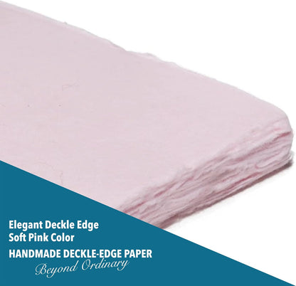 Wanderings A5 Handmade Deckled Edge Cotton Paper - Cold Pressed Texture - Paint, Watercolor, Writing, Printer - Cards, Invitations, Menus, Arts and Crafts. 50 Pack Pink 150gsm - 5.8" x 8.3"