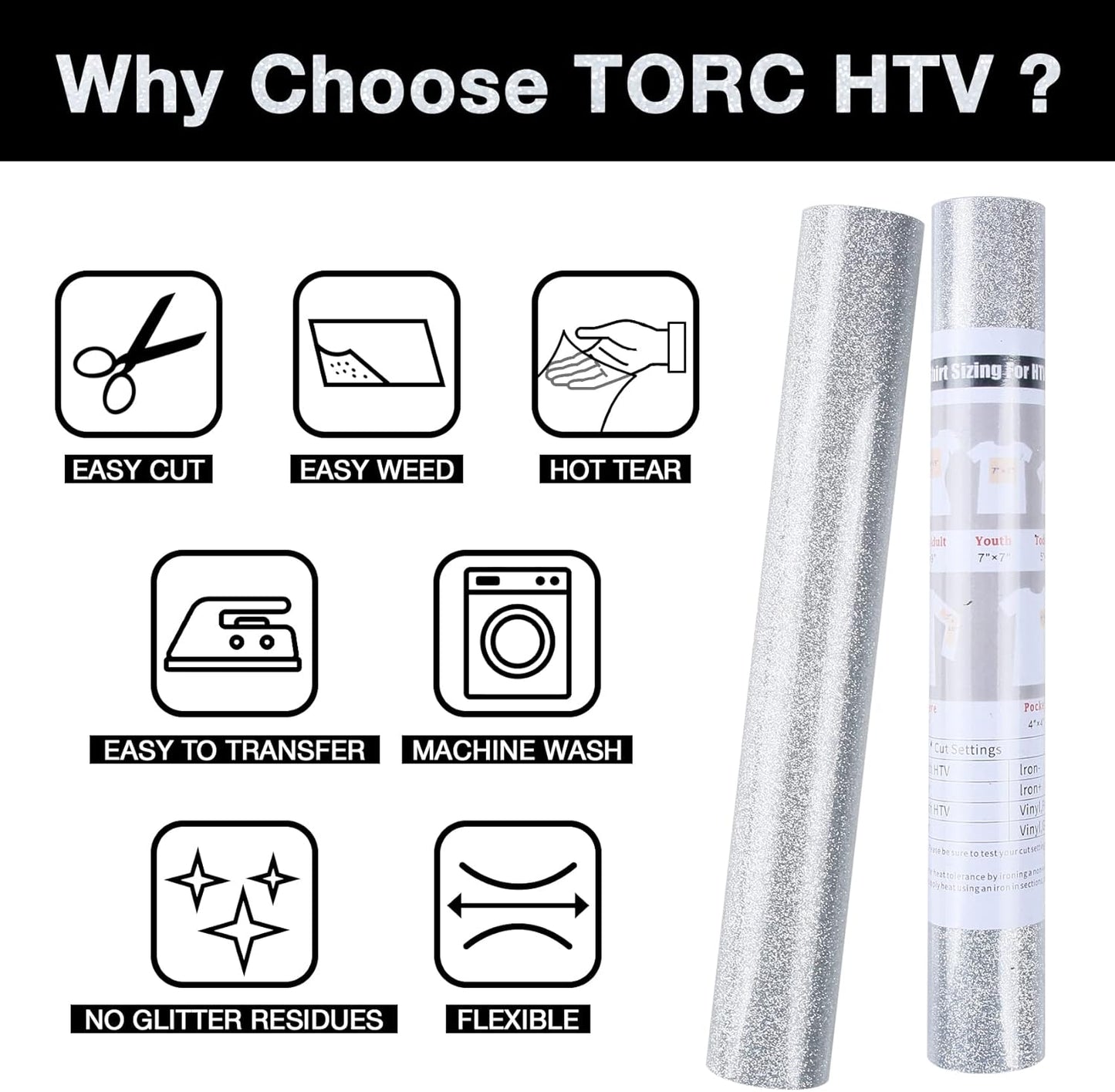 TORC Silver Glitter HTV Heat Transfer Vinyl Roll 12 inch x 10 ft Iron on Vinyl for T Shirts Crafts