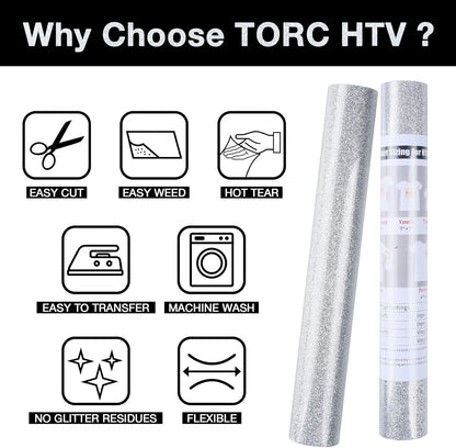 TORC Silver Glitter HTV Heat Transfer Vinyl Roll 12 inch x 10 ft Iron on Vinyl for T Shirts Crafts