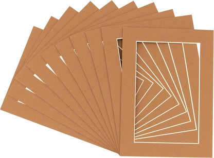 Pack of Ten Acid Free 11x14 Mats Bevel Cut for 8.5x11 Photos - Aged Oak Brown Precut Matboards With Backing Boards and Self Seal Photo Mat Bags For Pictures, Photos, Framing - 4-ply Thickness