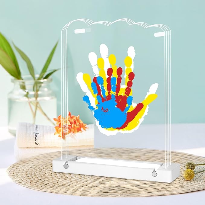Family Handprint Kit with Light, Baby Hand and Footprint Kit, Family Gifts for New Parents, Adoption, New Mom Gifts, DIY Wooden Craft Keepsake, Non-Toxic Paints (White)