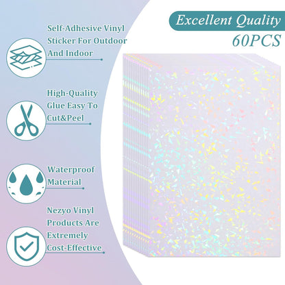 SHENLIU 60 Sheets Holographic Laminate Sheets Clear Glitter Vinyl Sticker Paper Holographic Overlay Self Adhesive Waterproof Transparent Film for Sticker Paper, 11.7 x 8.3 Inch (Gem Patterns)