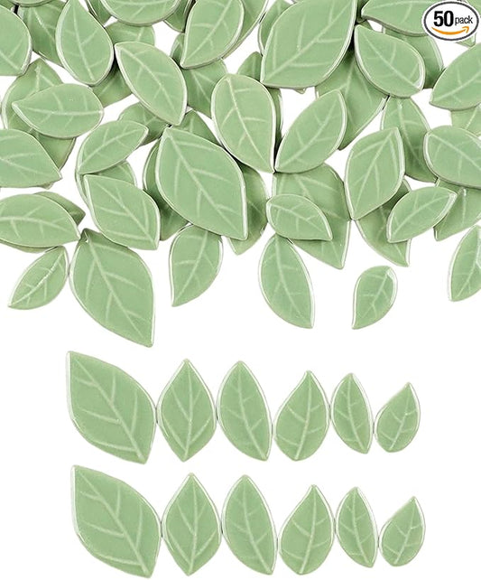 200g Mixed Sizes Leaves Mosaic Tiles for Craft Bulk, Small Ceramic DIY Stepping Stone Kit, Glazed Porcelain Tiles for Coasters Lamp Bathroom Decorations (Mint Green)