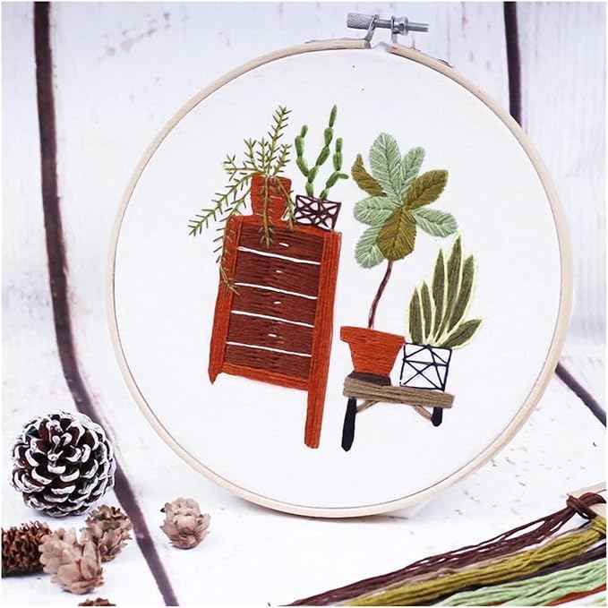 Act Iron Embroidery Starter Kit Full Range of Starter Including Instructions Stamped Cloth with Pattern Hoop Color Threads and Tools Crafts for Adults(Green Plants)