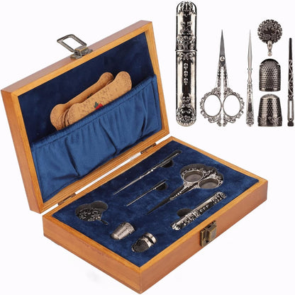 Vintage Embroidery Scissors Set, Comfortable Handle, Stainless Steel, Antique Design, Complete Sewing Kit for Embroidery, Needlework, with Thimble, Threader, and Needle Case
