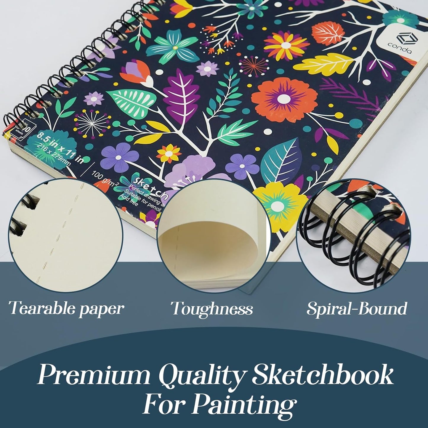 conda 8.5"x11" Sketch Book, 80 Sheets (68 lb/100gsm), Spiral Bound Artist Sketch Pad, Durable Acid Free Drawing Paper for Drawing Painting - Crafty Corner