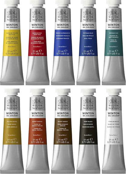 Winsor & Newton 1490697 Winton Oil Paint, Fine High-Quality Oil Paint, Even Consistency, Lightfast, High Coverage, Rich in Colour Pigments - 10 Oil Paint Set in 21 ml Tubes