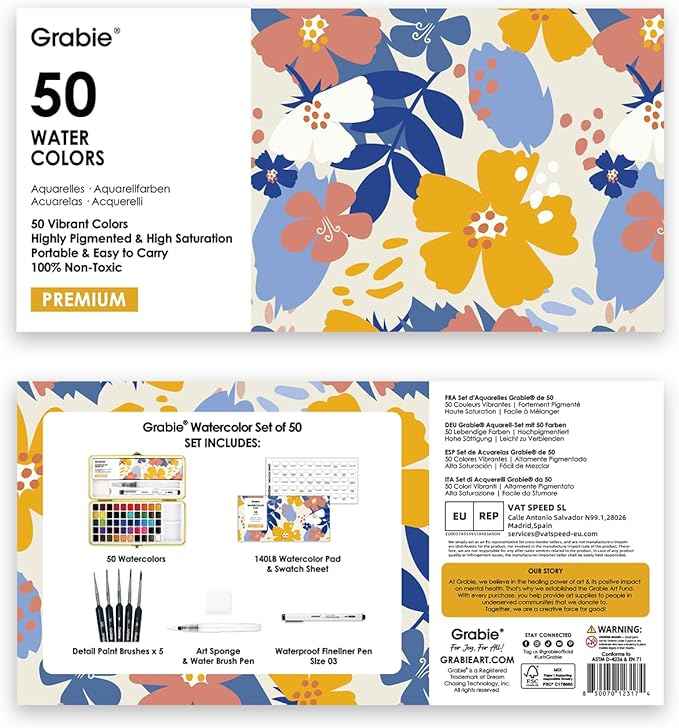 Grabie 50 Colors Premium All-In-One Water Color Paint Set - Detail Paint Brush Included, Watercolor Paints, Painting Sets, Art Supplies, Portable & Travel Watercolor Set, Amateur Hobbyists