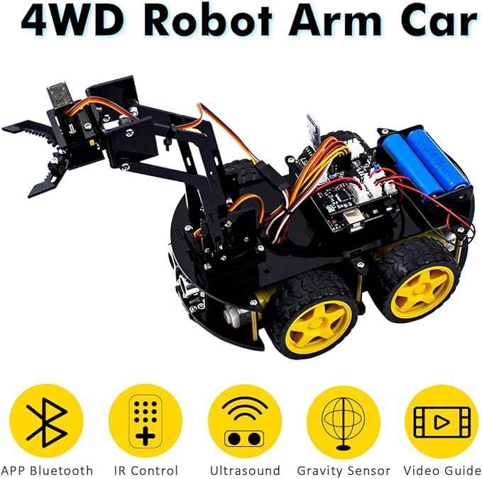 LAFVIN Mechanical 4WD Robot Arm Smart Car Kit - STEM/Graphical Programming Robot Car Compatible with Arduino IDE - Tutorial Included