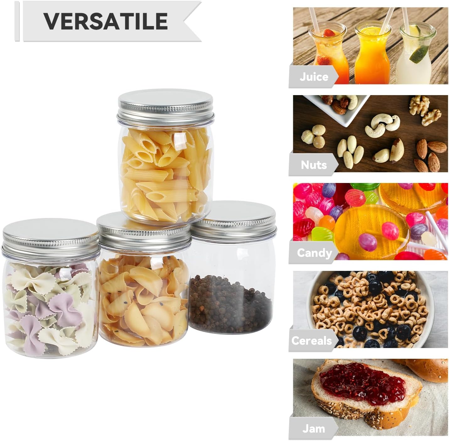 novelinks 8 oz Clear Plastic Jars with Screw-On Lids - BPA-Free Refillable Storage Containers for Slime, Spices, Crafts, Kitchen & Home Organization (48 Pack,Silver)