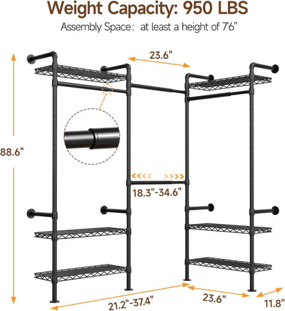 L3 Industrial Pipe Closet Organizer System, Wall Mounted Clothes Rack Clothing Racks with 4 Telescopic Rods & 6 Shelves , Heavy Duty Closet System in Wardrobe Closet (Black)