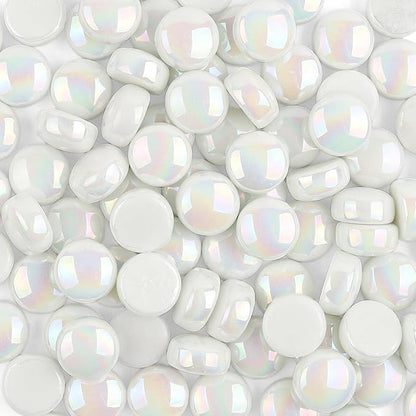 Artspac Glass Mosaic Tiles for Crafts Bulk,150g Round Mosaic Glass Pieces,Iridescent White Mosaic Tiles for DIY Garden Crafts Supplies, Crafts Ornaments