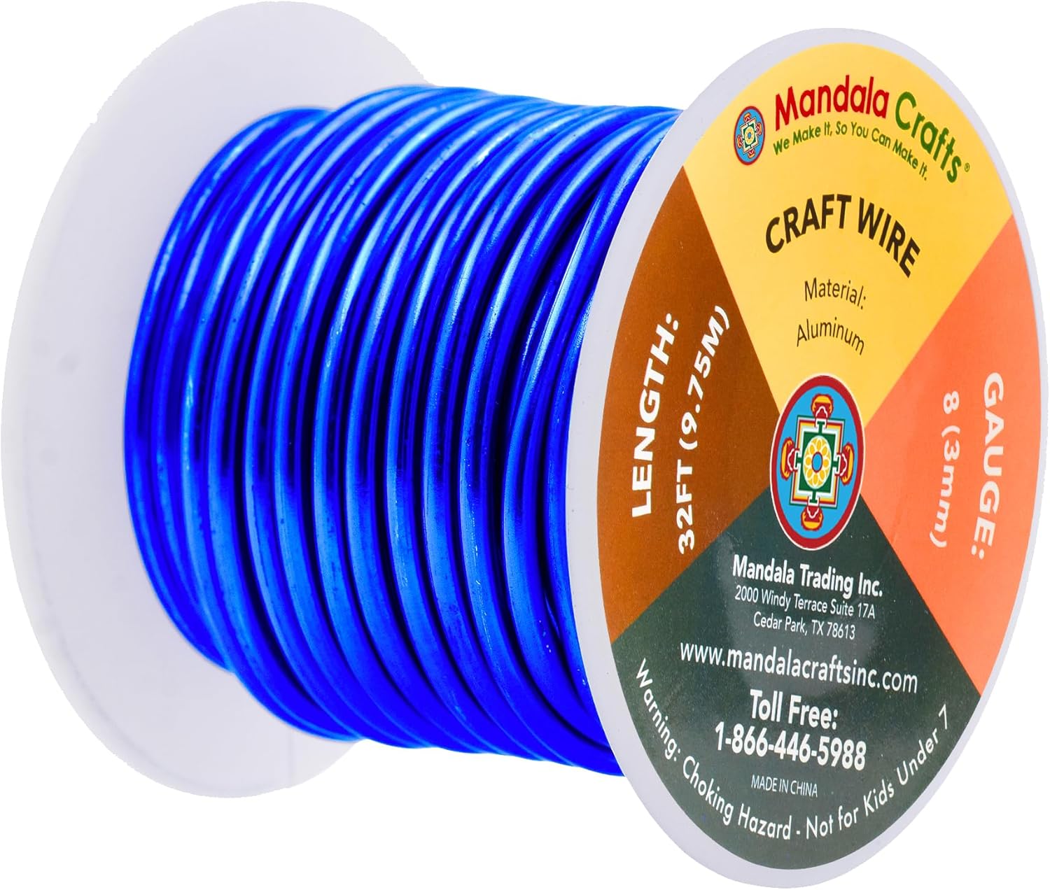 Mandala Crafts 8 Gauge Anodized Aluminum Craft Wire for Jewelry Making - 32 FT Colored Flexible True Blue Wire - Bendable for Bonsai Armature Crafting Sculpting - Crafty Corner