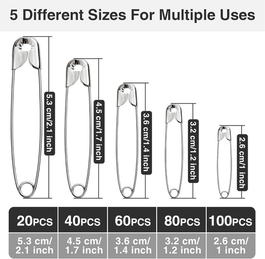 Silver Safety Pins 300 PCS, 5 Assorted Sizes of Durable, Small and Large Safety Pins Bulk, Sharp Edge Pins for Clothes, Sewing, Arts & Craft