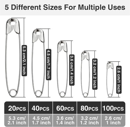 Silver Safety Pins 300 PCS, 5 Assorted Sizes of Durable, Small and Large Safety Pins Bulk, Sharp Edge Pins for Clothes, Sewing, Arts & Craft