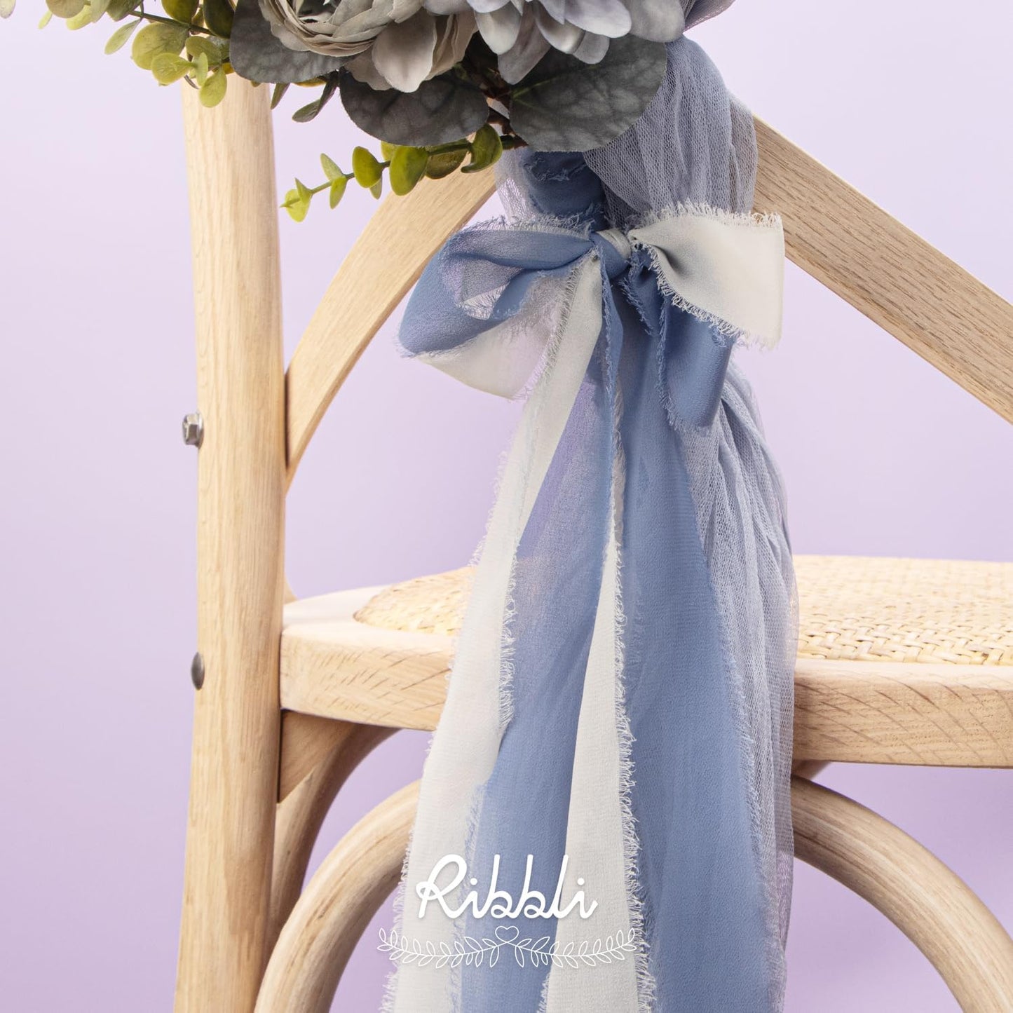 Ribbli Chiffon Silk Ribbon, 1.5 in x 30 Yards, White/Slate Blue/Dusty Blue Fringe, Wedding Invitations, Bridal Bouquets, Flower Arrangement - Crafty Corner