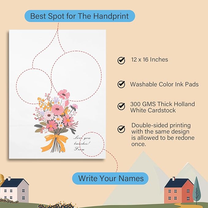 Bixinyo Flower Bouquet Handprint Kit, Mother's Day Gifts for Grandma, Mom, Grandparents from Daughter/Kids, Unique Gifts for Birthday Christmas, DIY Art Craft 12" X 16" Frame (Bow, Natural)