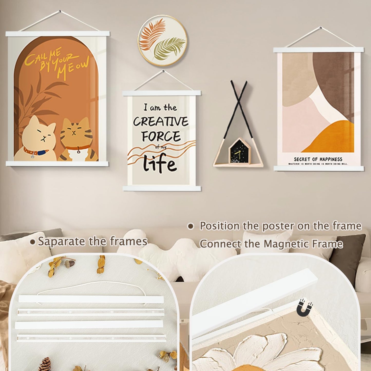 Artmag Magnetic Poster Hanger Frame, 18x24 18x12 18x28 Light Wood Wooden Magnet Canvas Artwork Print Poster Hangers Frames Hanging Kit (White, 18")