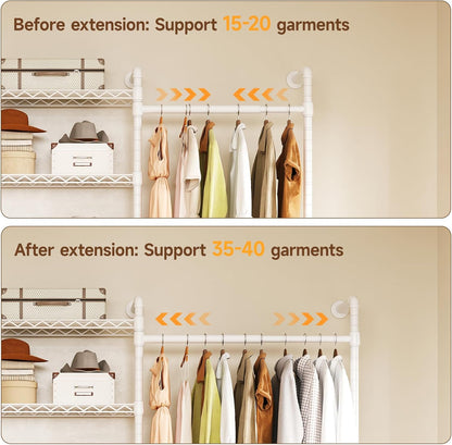 L3 Industrial Pipe Closet Organizer System, Wall Mounted Clothes Rack Clothing Racks with 4 Telescopic Rods & 6 Shelves , Heavy Duty Closet System in Wardrobe Closet (White)