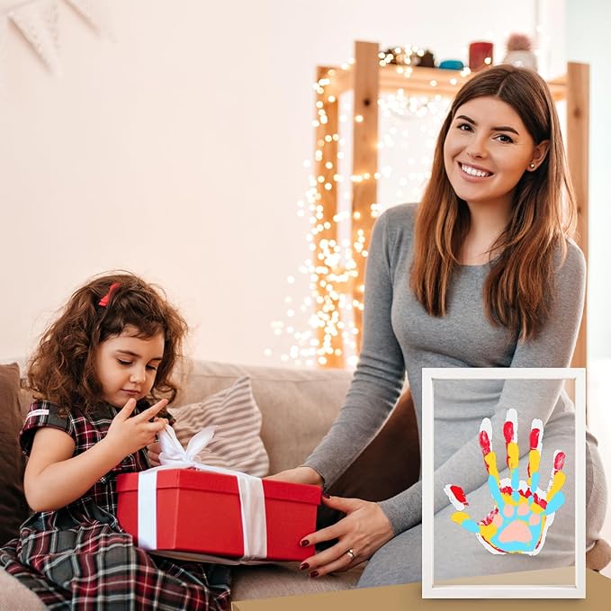DIY Hand Footprint Art Craft Kit for New Parents Wooden Frame Family Handprint Kit with 6 Baby Safe Colors Paints Family Hands Down Keepsake Gifts for Mother's Day Father's Day Home Handprint Decor