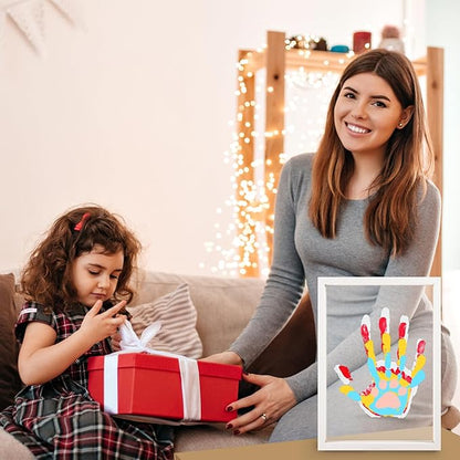 DIY Hand Footprint Art Craft Kit for New Parents Wooden Frame Family Handprint Kit with 6 Baby Safe Colors Paints Family Hands Down Keepsake Gifts for Mother's Day Father's Day Home Handprint Decor